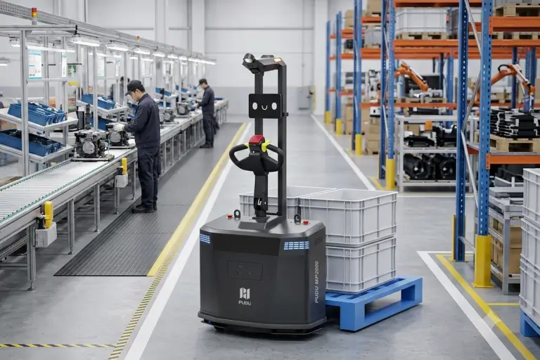 Robot de manutention transportant une palette dans une usine